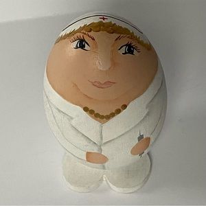 Nurse Figurine Hand Painted Wooden Egg Signed Shot White Uniform Easter 2.75”